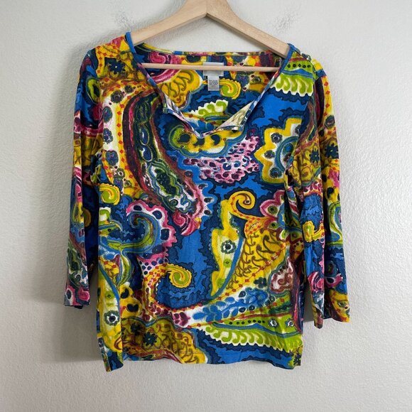 CHICOS Womens Medium Colorful Paisley 3/4 Sleeve Stretch Top Notch Neck Blouse - Picture 6 of 10